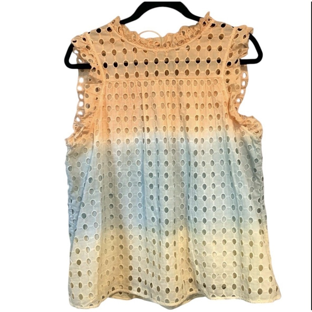 Anthropologie Ollari Ruffled Eyelet Tank Top XS Peach Blue Ombre Cotton Blouse - Picture 4 of 8